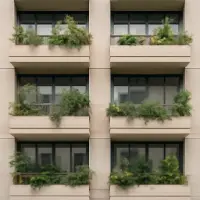 Edificio residencial con plantas en los balcones
